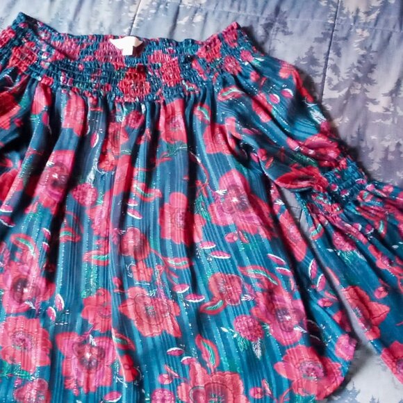 Charming Charlie Tops - 🌸Charming Charlie Floral Scoop Neck Women's Babydoll Top Teal Red Shiny Boho🌸